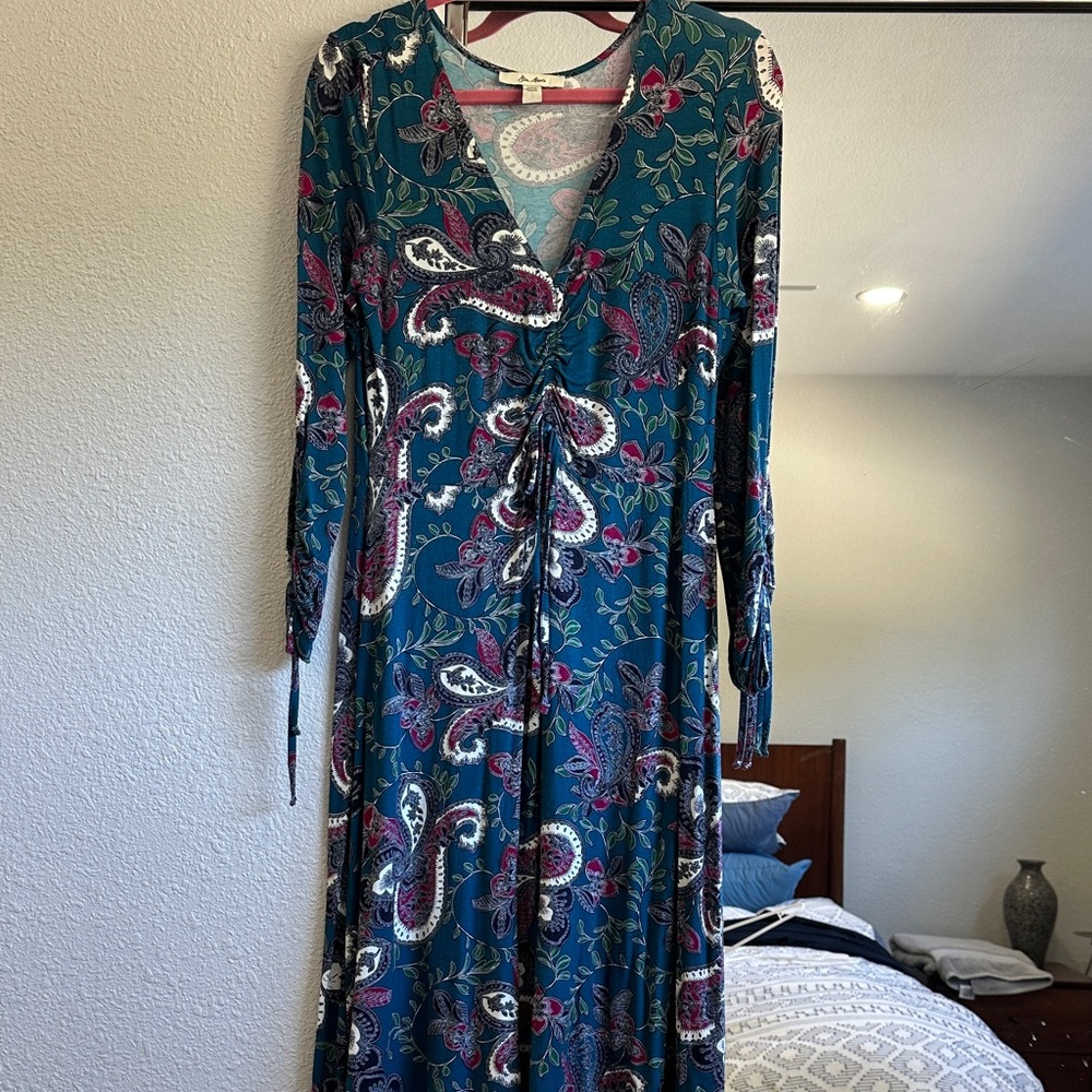 Teal Paisley Long Sleeve Dress